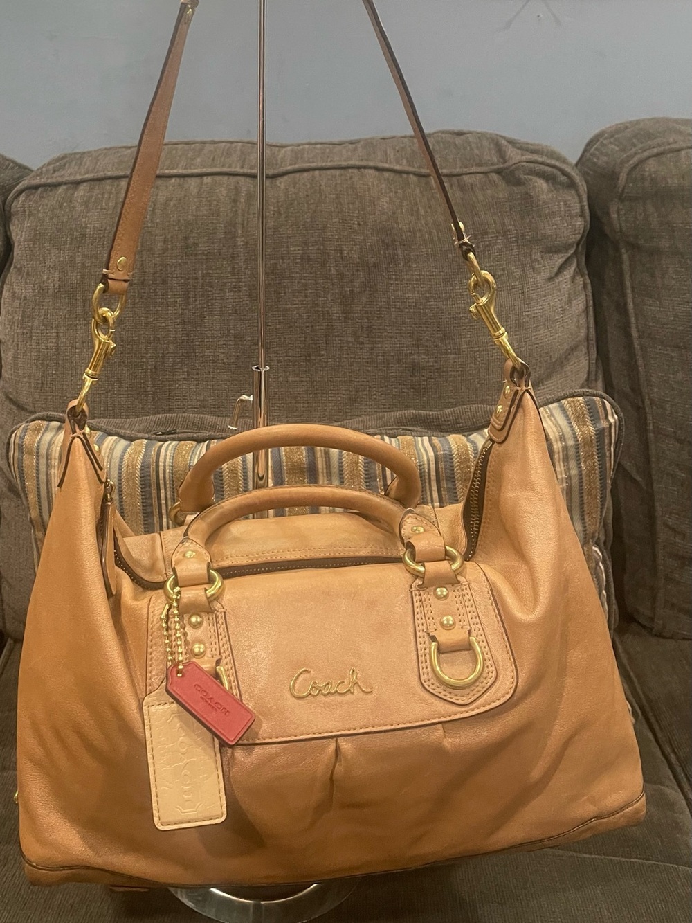 Coach Tan Ashley Leather Shoulder Satchel with Gold Hardware